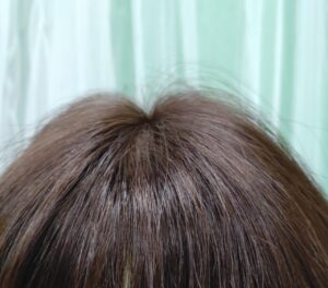 シャンプー後のウィッグ。光沢が落ちて人毛本来の風合いが出た状態