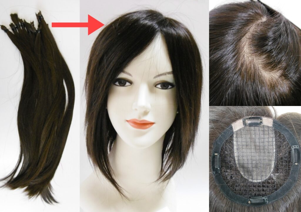 お預かりした自毛から作った部分ウィッグ。つむじの自然さと、ズレ防止の金具付きベース